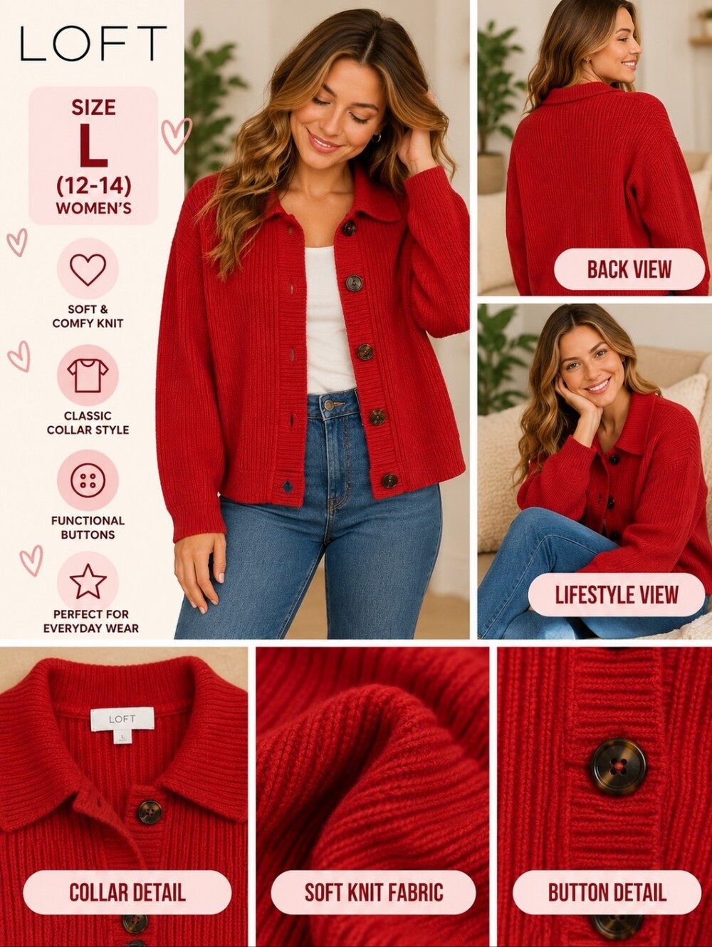 Loft Women's large red knit cardigan sweater #22